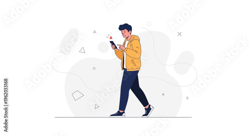 Young man walking while looking at his smartphone, modern flat illustration style