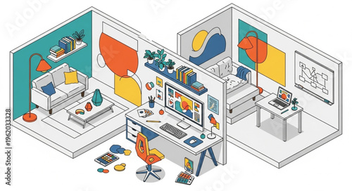 Isometric Office Spaces - Creative Work Environments and Interior Design.