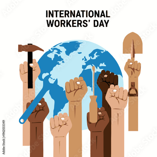 International Workers Day Fist Raised Holding Tools.