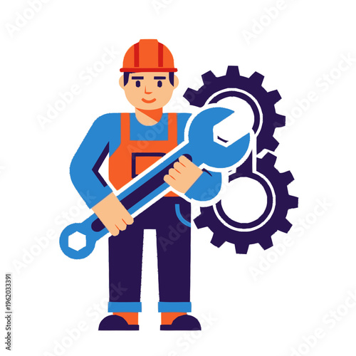 Mechanic holding a large wrench with gears behind him.