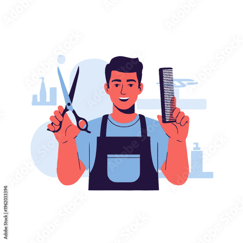 Male barber holding scissors and comb ready for haircut.