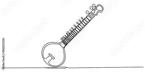 A simple continuous line drawing of a sitar, a traditional indian stringed musical instrument. Vector, illustration