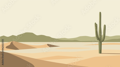 Vector illustration of serene desert landscape with green cactus, brown dunes, mountains under pale sky