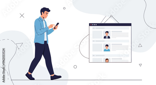 Man with smartphone walking past online profile list, digital recruitment concept