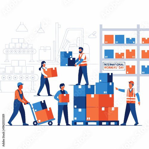 Warehouse workers organizing boxes for international workers day.
