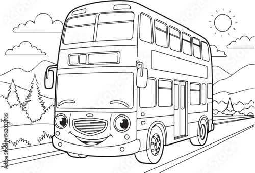 Smiling Double Decker Bus, Cartoon Vehicle, Road Trip Illustration, Travel Icon isolated on Transparent Background
