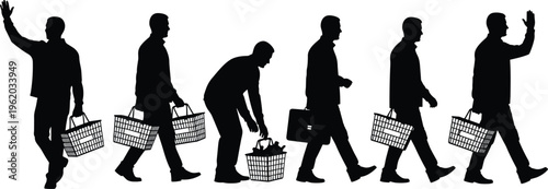 Set of black silhouettes of men shopping with baskets and bags isolated on white background for retail grocery and consumerism