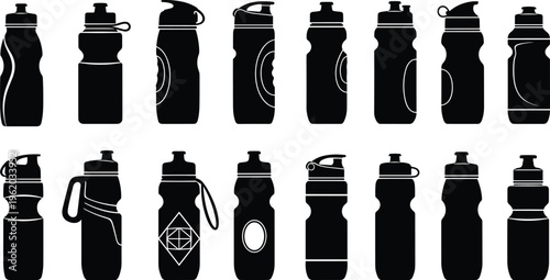 Set of black silhouette sport water bottles icons isolated on white background for fitness gym workout hydration and healthy lifestyle