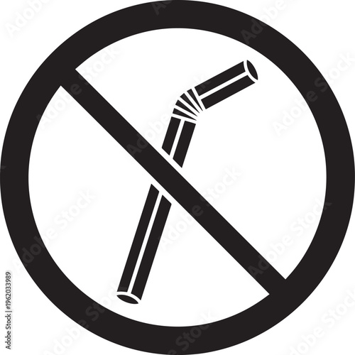 Black prohibition sign with bent plastic drinking straw inside circle and diagonal line, symbolizing ban on single-use plastic straws and pollution prevention