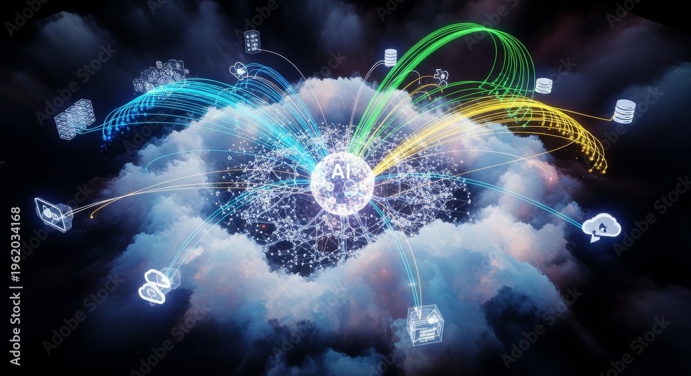 Obraz premium Cloud computing network displays vibrant light trails connecting various digital icons to a central artificial intelligence core.