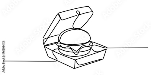 Continuous line drawing of a delicious burger inside an open cardboard take away container. Vector, illustration