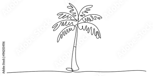 Minimalist continuous line art illustration of a single palm tree standing on a horizontal line Vector, illustration