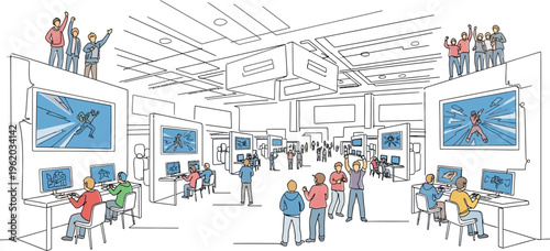 people in exhibition hall with screens