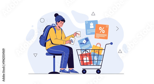 Young man with backpack and shopping cart full of bags, holding discount coupons