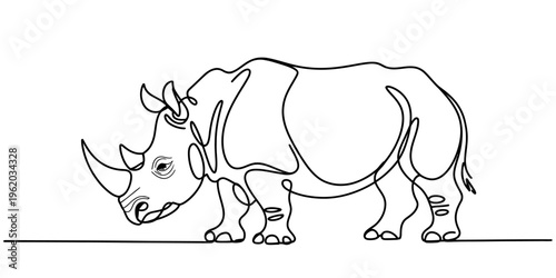 Continuous line drawing of a rhinoceros standing on a flat surface in a minimalist style. Vector, illustration