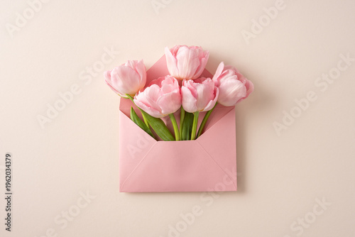 Fotografía Pink tulips in an envelope for Mothersday gift and spring love celebration