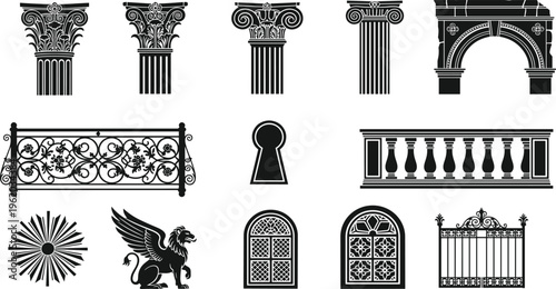 Set of classical architectural elements silhouettes with columns arches fences windows and griffin isolated on white background for antique design projects