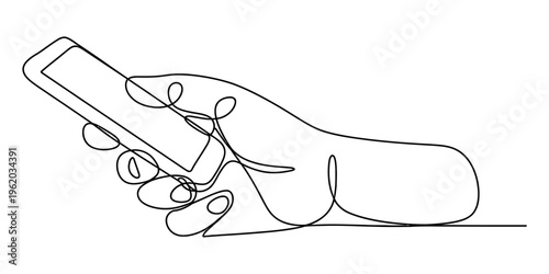 Continuous line drawing of a human hand holding a smartphone on a white background. Vector, illustration