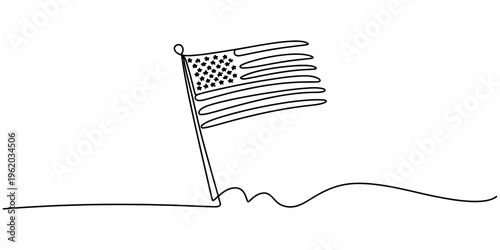 Minimalist one line art of the united states of america flag waving in the wind on a pole. Vector, illustration