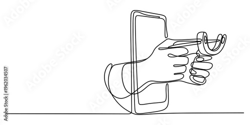 Continuous line drawing of a hand emerging from a smartphone screen holding a slingshot tool Vector, illustration