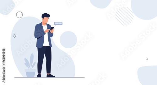 Man texting on smartphone, modern flat illustration, business communication concept