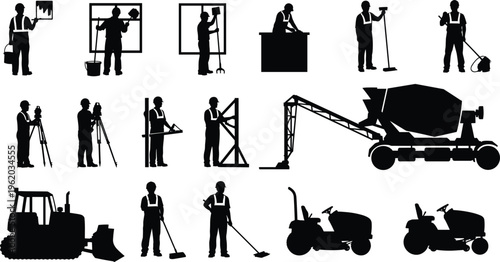 Set of construction worker silhouettes with heavy machinery concrete mixer bulldozer surveyors and cleaners isolated on white background for industrial work