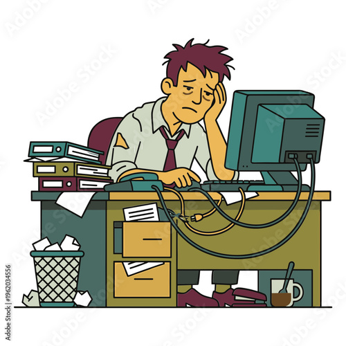 A stressed man sits at his cluttered desk in front of a computer.