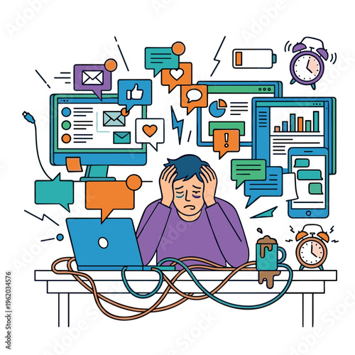 A frustrated man sits at a desk overwhelmed by multiple computer screens and notifications.