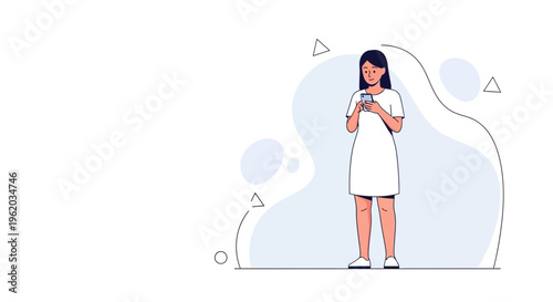 Young woman in white dress using smartphone, standing against abstract blue background with geometric shapes