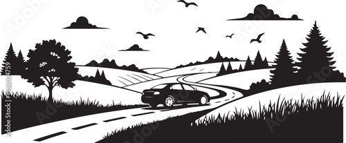 Black and white, rural road, car driving, landscape vector isolated on Transparent Background