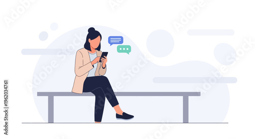 Woman texting on phone while sitting on bench, chat bubbles, modern flat illustration
