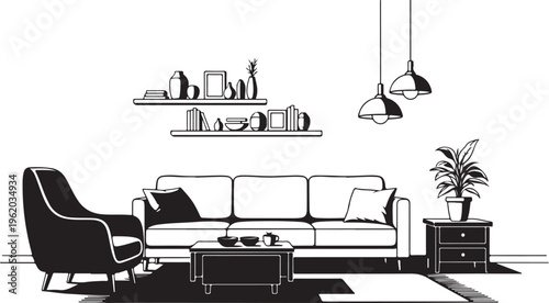 Modern living room, minimalist interior, black and white illustration, furniture set isolated on Transparent Background