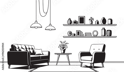 Modern living room, minimalist interior, black and white illustration, furniture set isolated on Transparent Background