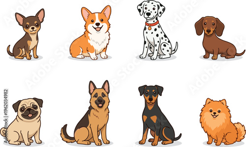 WebCute Dog Breeds Collection Featuring Corgi Dalmatian Pug German Shepherd Chihuahua Dachshund Doberman and Pomeranian Vector Illustration Set for Pet Lovers