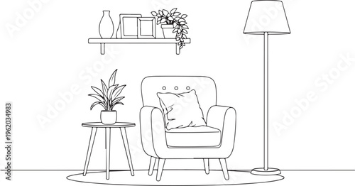 Minimalist living room, modern furniture, line art illustration, home decor isolated on Transparent Background