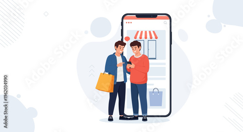 Two young men shopping online on a smartphone, one holding a shopping bag.