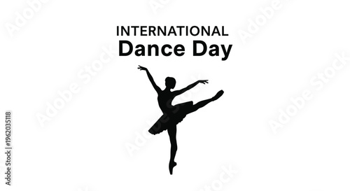 Elegant black silhouette of a graceful ballerina performing on pointe, celebrating International Dance Day with artistic movement and expression vector illustration.