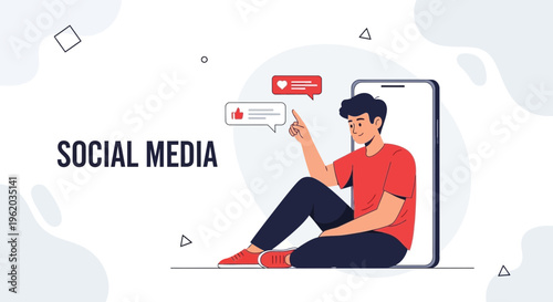 Young Man Interacting with Social Media Notifications on a Smartphone Screen