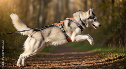 Siberian husky dog in orange harness leaping on a forest path during an autumn canicross training