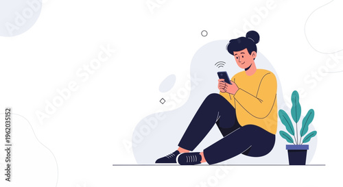 Young person sitting on floor using smartphone, illustration, modern lifestyle