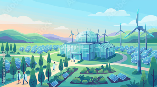A futuristic research center powered by solar panels and wind turbines. Scientists work in a sustainable, eco-friendly environment. Concept for green technology and innovation.