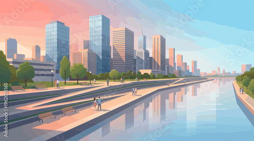 A serene vector illustration of a modern city park by a river at sunset. People stroll along the embankment. Ideal for urban lifestyle, real estate, and travel concepts.