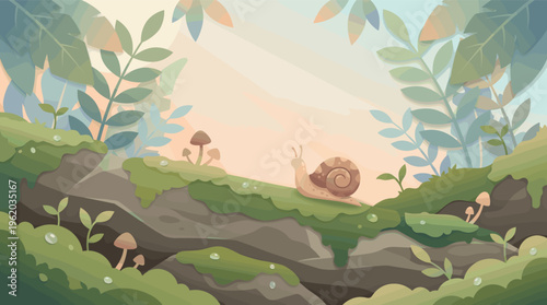 A cute snail crawls on a mossy log in a magical forest clearing. This peaceful, enchanting illustration is perfect for children's stories or nature-themed designs.