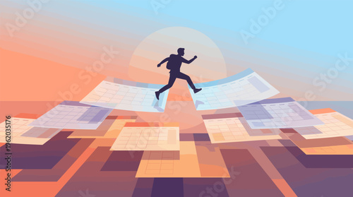 A silhouette of a man runs over flying calendar pages, symbolizing time management, progress, and overcoming deadlines. Abstract vector for business and personal growth concepts.