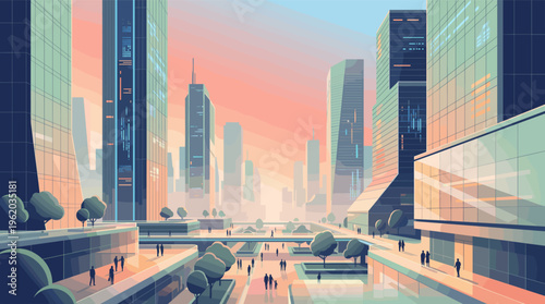 A vibrant vector illustration of a futuristic city with skyscrapers and people. The warm sunset light creates a calm, optimistic mood. Ideal for tech, business, or urban concepts.