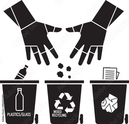 Waste sorting concept with hands throwing garbage into specialized recycling bins for plastic glass paper and mixed materials in urban environment