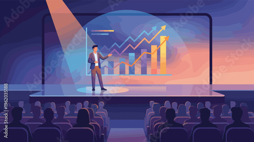 A businessman on stage presents a growth chart to an audience at a conference. Vector illustration for business success, data analysis, and corporate events
