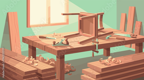 Illustration of a carpentry workshop. A wooden chair is being built on a workbench with tools like a saw and plane. Represents craftsmanship, DIY, and handmade hobbies.