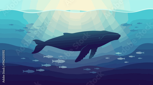A majestic whale swims peacefully in the deep blue ocean, surrounded by fish. Sun rays filter through the water. Ideal for nature, marine life, or conservation themes.