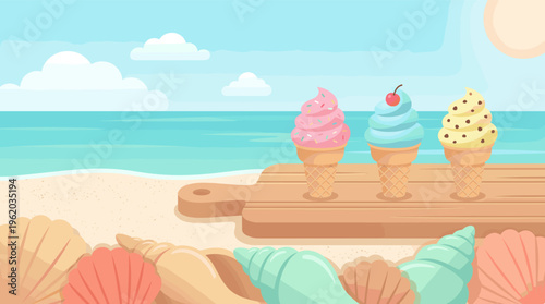 Colorful ice cream cones on a sandy beach with seashells. A perfect summer vacation background illustration with a view of the ocean and sun. Ideal for travel or food promotions.